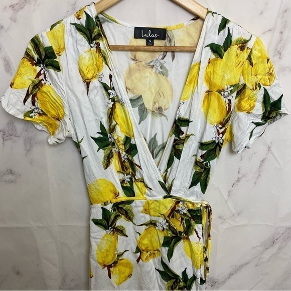 LULU'S A La Tart Lemon Print Wrap Mini Dress - D31 - Picture 3 of 6